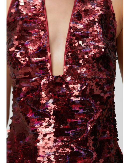 Pcfg Red Sequin Neck Tie Dress With Side Slit