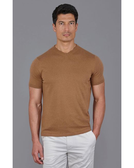 Paul James Knitwear Brown Ultra Fine Cotton Hudson High V Neck Knitted T-Shirt for men