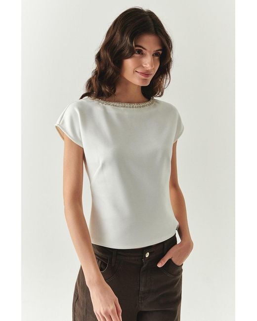 Exquise White Neutrals Scout Blouse Dropped Shoulder Boat Neck Knit Blouse