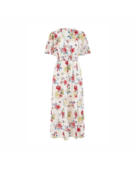 Yumi' Pink Floral Recycled Fabric Ruched Waist Midi Dress