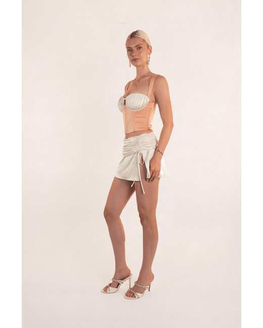 Clerestory Natural Juliette Ruched Satin Drawstring Mini Skirt