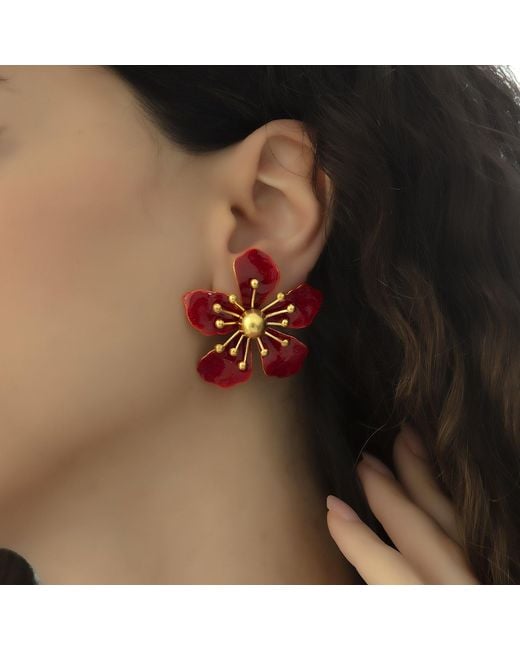 Milou Jewelry Red Magnolia Flower Earrings