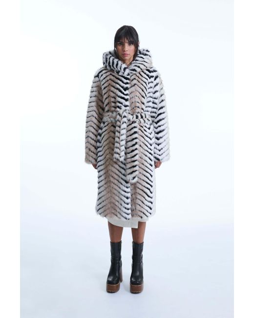 James Lakeland White Faux Fox Belted Long Coat