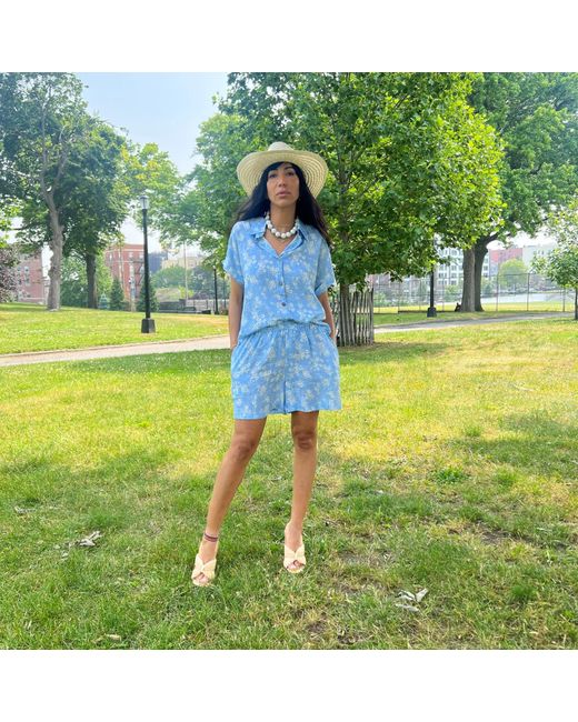 L2R THE LABEL Blue Floral Light Print Linen Short-Sleeved Shirt