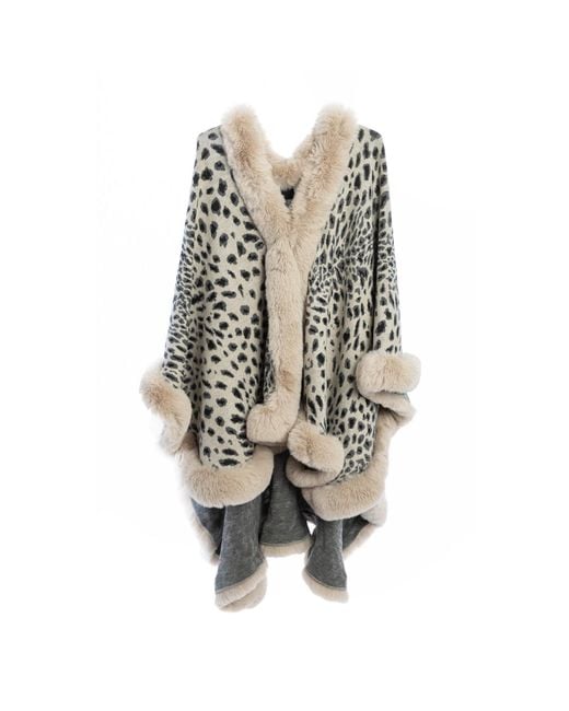 Saachi Brown Cheetah Print Bisque Kimono Faux Fur Cape