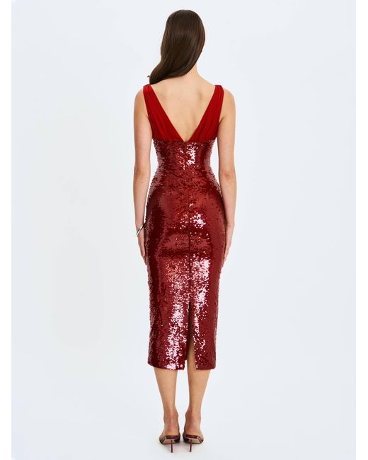 Miss Circle New York Red Shanelle Crimson Sequin Plunging Midi Dress