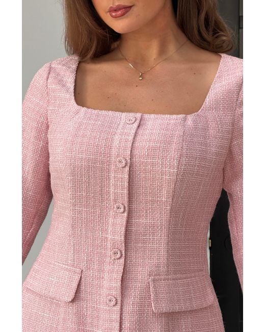 Girl In Mind Pink Flora Long Sleeve Tweed Mini Dress