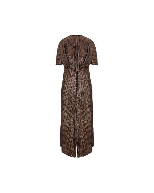 concept A trois Brown Golden Plisse Midi Dress With Closure With Staples