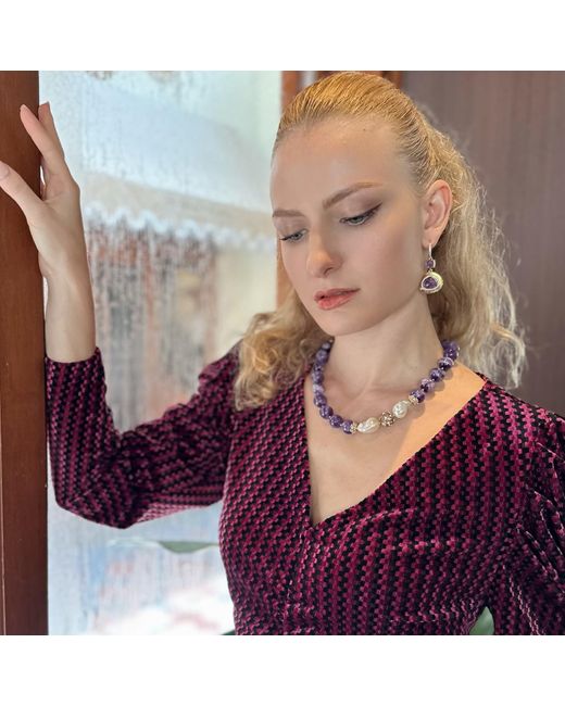Farra Blue Amethyst With Baroque Pearls Statement Necklace