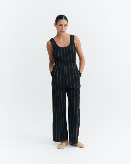 Thinking Mu Black Raflesia Striped Seersucker Jumpsuit