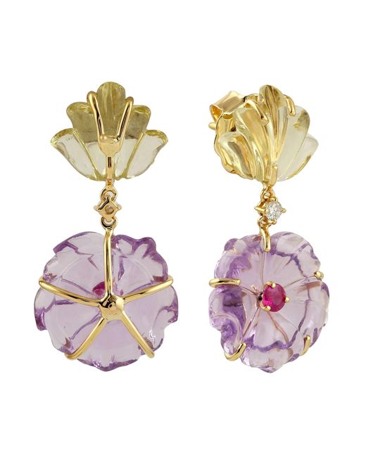 Artisan Metallic Carved Mix Stone In Flower Shape & Ruby Pave Diamond In 14k Solid Gold Classic Earrings