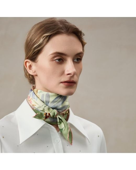 Asyii Metallic Neutrals Printed Floral Silk Twill Square