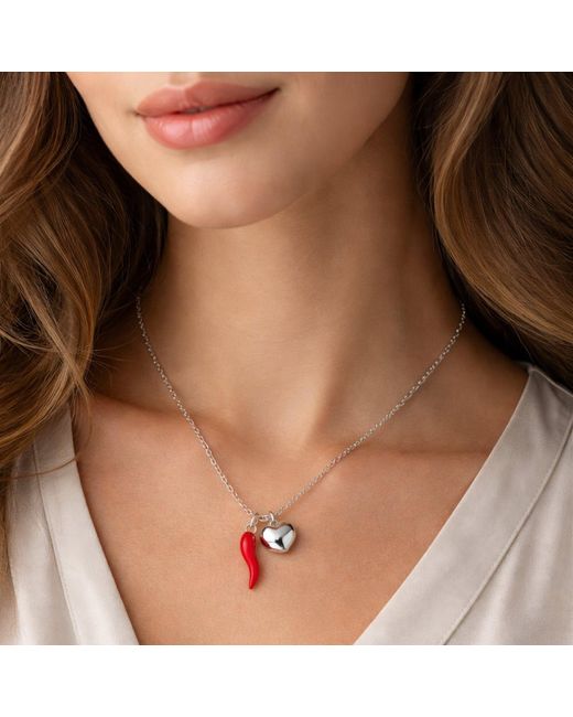 Unaloe Metallic Sterling Enamel Cornicello Necklace With Heart Charm – Handmade Italian Good Luck Symbol