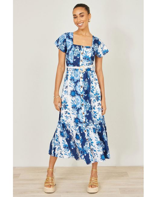 Yumi' Blue Floral Viscose Midi Shirt Dress With Matching Belt