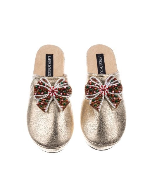 Laines London Natural Softie Slippers With Christmas Gingerbread Bows Brooches