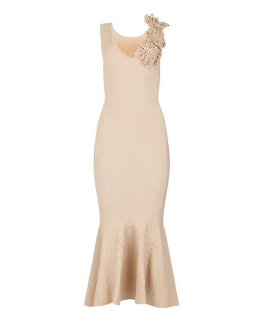 Andreeva Natural Neutrals Chrysanthemum Metallic Knit Dress With Handmade Emroidery