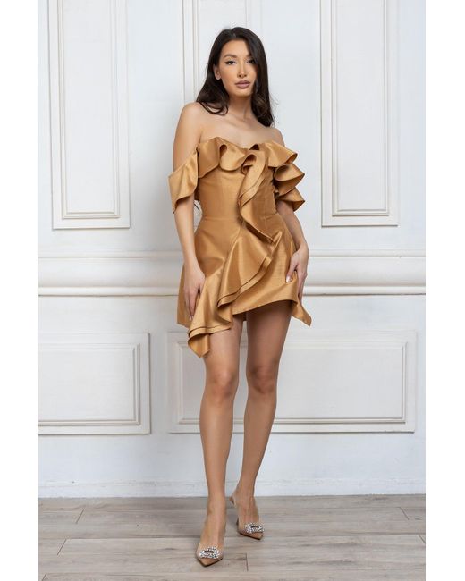 Cliché Reborn Brown Mini Off Shoulder Dress With Ruffles In Caramel