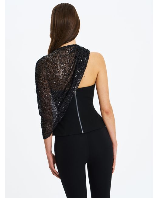 Miss Circle New York Black Quinette Peplum Top With Beaded Asymmetrical Cape