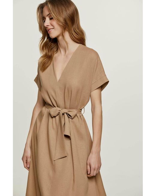 Conquista Natural Linen Style Belted Midi Dress