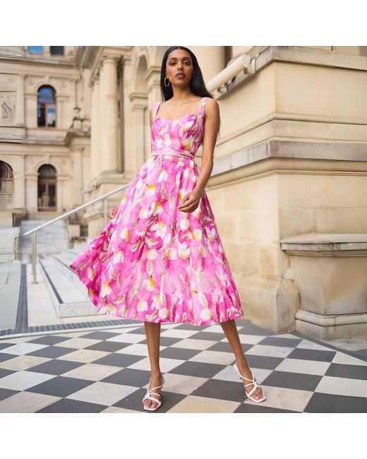 SACHA DRAKE Pink Tulip Rose Midi Dress