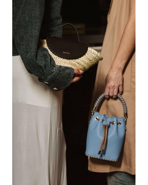 Saonara Brand Blue Mini Bucket Bag Sky Caramel Leather