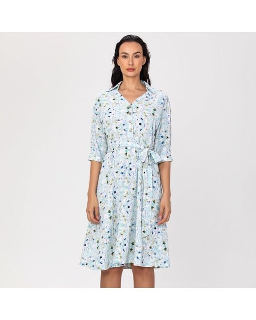 Smart and Joy Blue V Neckline Floral Print Shirt-Dress -Light