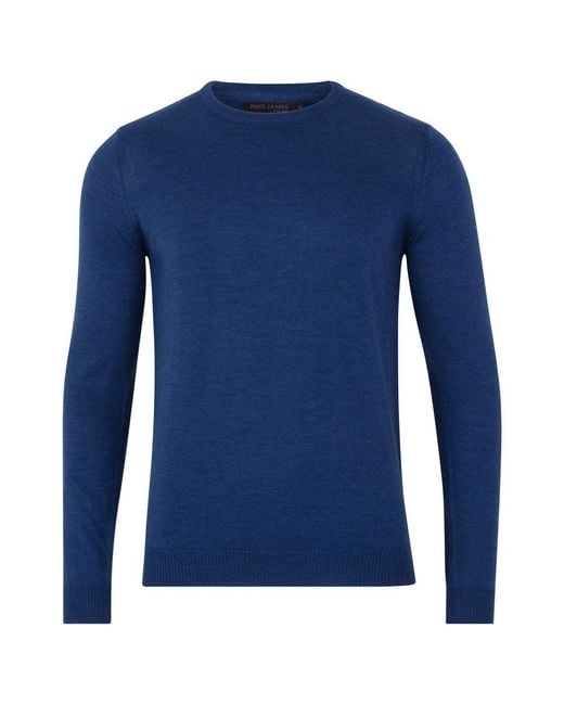 Paul James Knitwear Blue S Extra Fine Merino Wool Callington Crew Neck Jumper for men