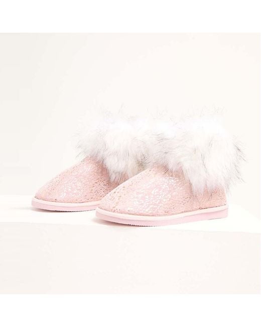 Pretty You London Gray Foil Detail Fur Lined Bootie Slipper Giselle In Pink