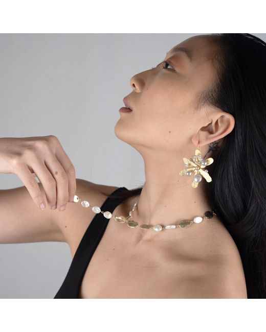 Rare Matters Jewelry Metallic Blossom Pearl Drops Flower Earring