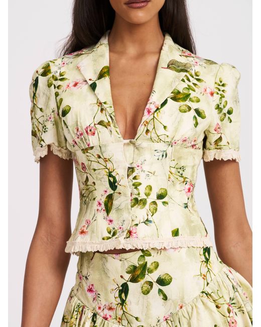 Miss Circle New York Green Zanella Floral Print Lace Trim Linen Top