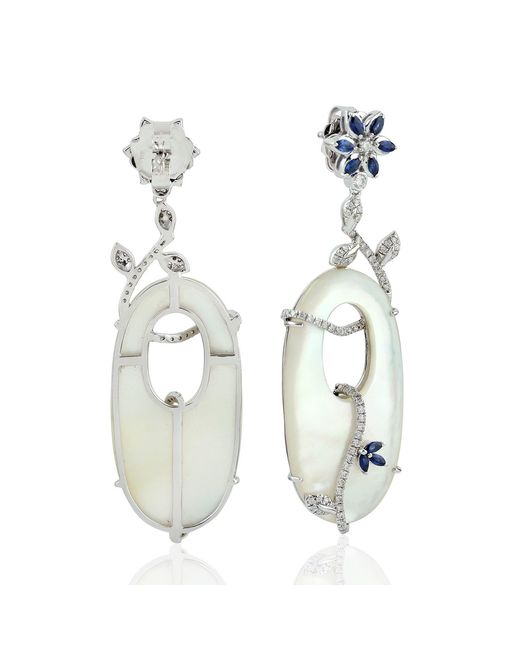Artisan Multicolor 18k White Gold Pave Diamond Mother Of Pearl Sapphire Dangle Earrings Jewelry