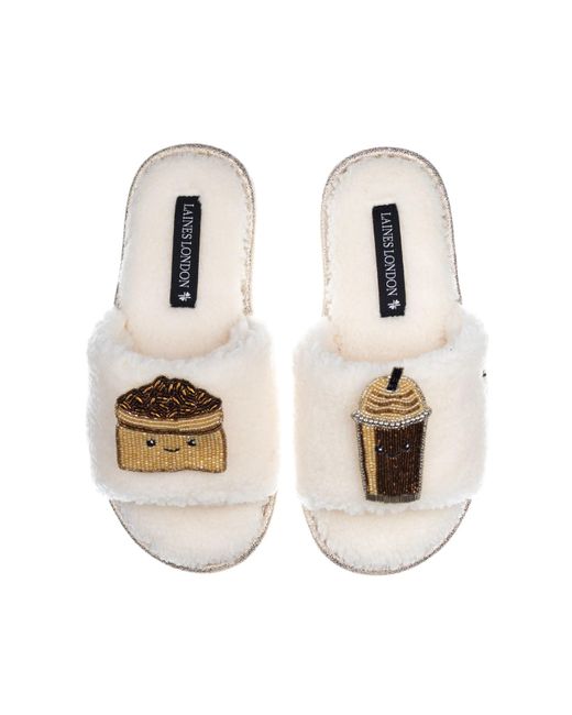 Laines London White Teddy Slider Slippers With Laines Lovables Coffee Beans & Frappe Brooches