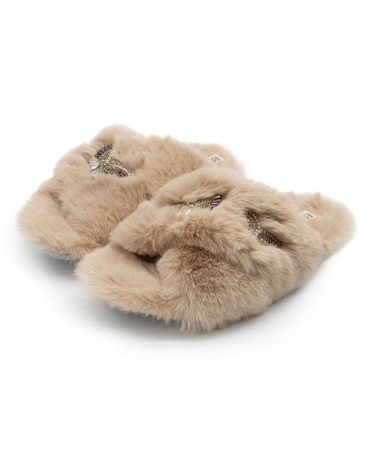 Rettrose Natural Neutrals Sadie Mink Luxury Plush Diamanté Embellished Handmade Slipper
