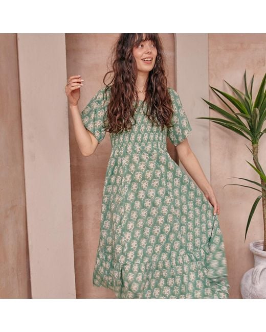 LAtelier London Green Block Print Smocked Cotton Midi Dress