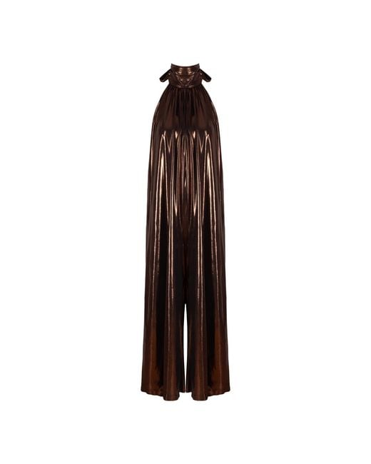 NALÈ Brown Bronze Metallic Wide Leg Halter Jumpsuit