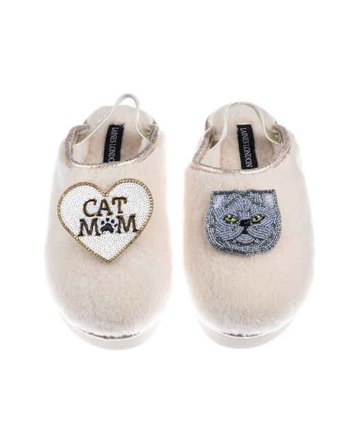 Laines London Multicolor Neutrals Flatform Cloud Slippers With Persian Cat & Cat Mum Mom Brooches
