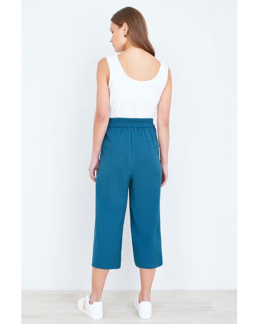 Yumi' Blue Linen Mix Cropped Trousers With Tie Belt