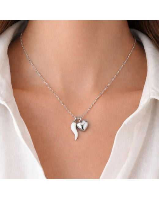 Unaloe Metallic Sterling And Enamel Cornicello Necklace With Heart Charm – Italian Handmade Good Luck Symbol