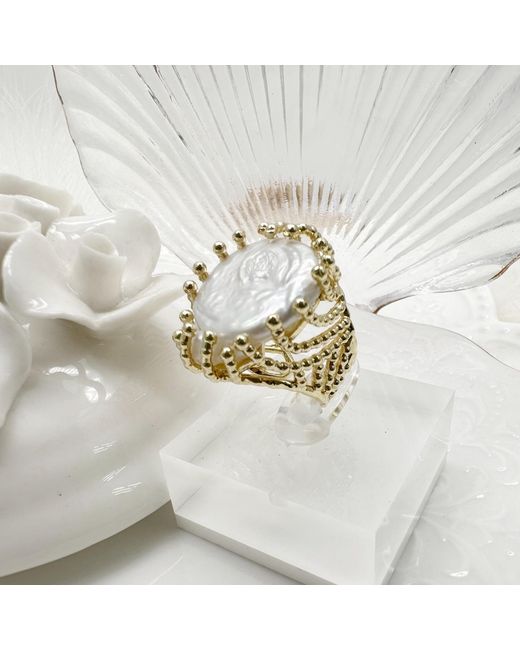 Farra Metallic Flat Freshwater Pearls Setting Chunky Ring