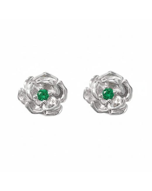 Harfi Green Emerald May Birthstone Hawthorn Birthflower Sterling Stud Earrings