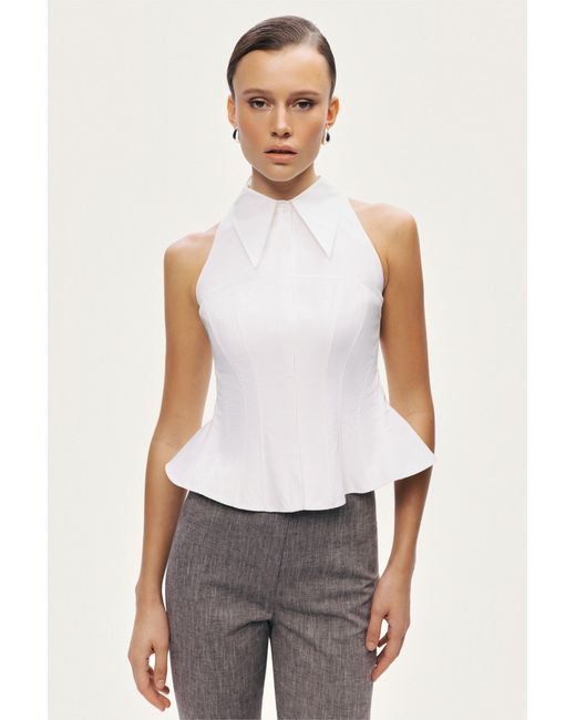 Nocturne White Structured Halter Peplum Top