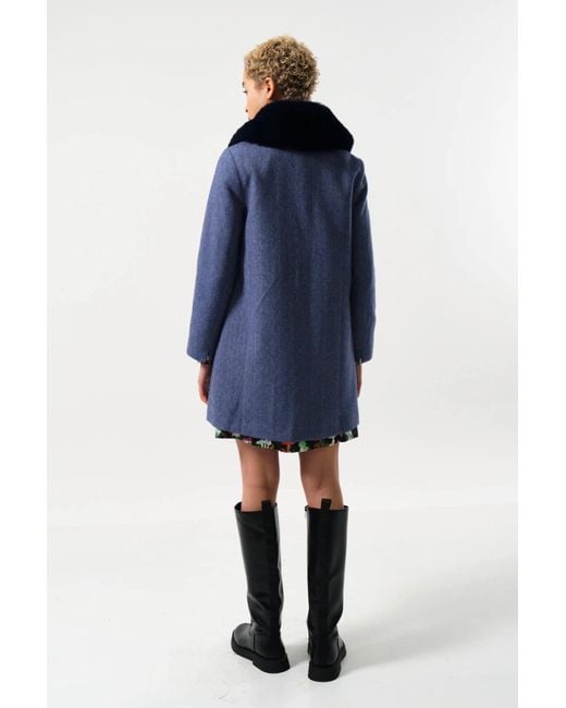 Louche Blue Dryden Herringbone Fur Collared Coat