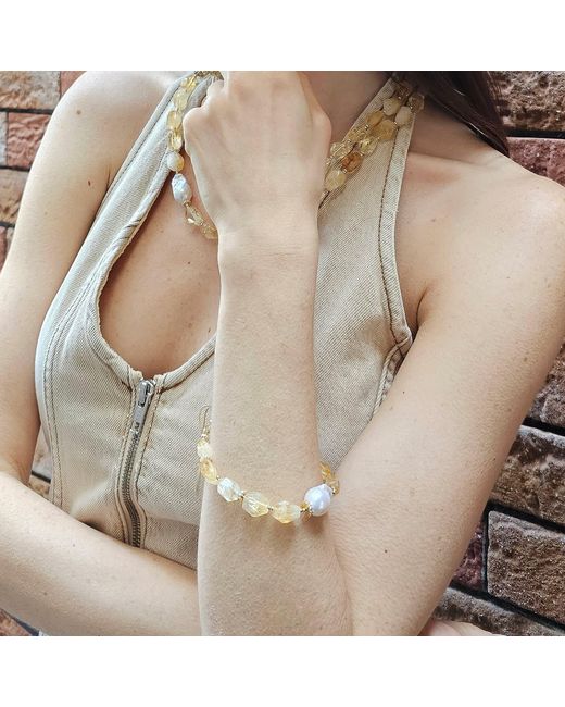 Farra Metallic Faceted Citrine With Baroque Pearl Adjustable Bracelet