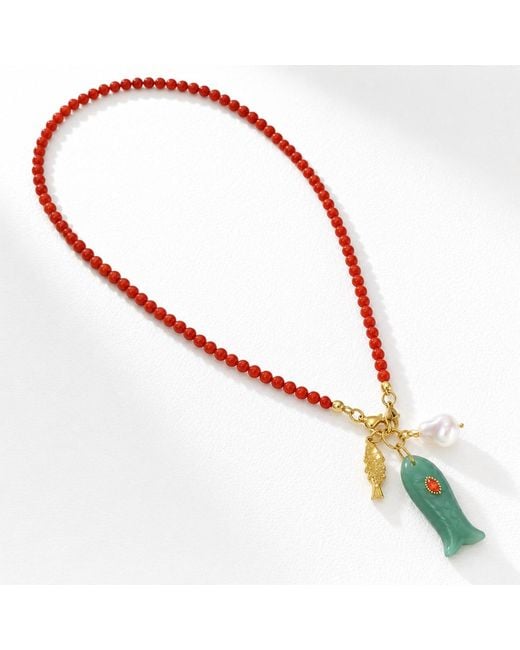 Ormiro Metallic Happy Fish Carnelian & Aventurine Beaded Necklace