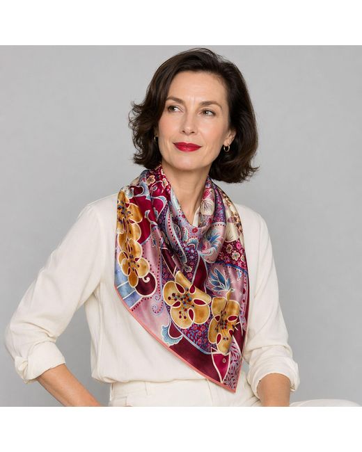 Wenzi Red Rhythms Of Bloom Hand Painted Pattern Double Sided Silk Twill Scarf