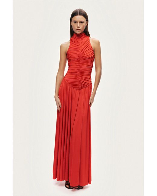 Nocturne Red Ruched High-Neck Maxi Dress