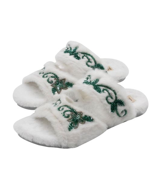 Rettrose Green Neutrals Elkie Cream Luxury Plush Diamanté Embellished Handmade Slipper