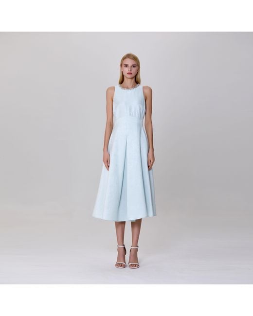 Smart and Joy Blue Fit-And-Flare Collar Trim Textured Jacquard Dress