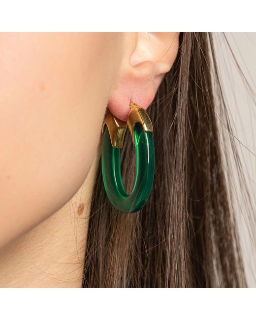 Gold & Honey Green Emerald Carved Oval Lucite Birthstone Hoop Earrings