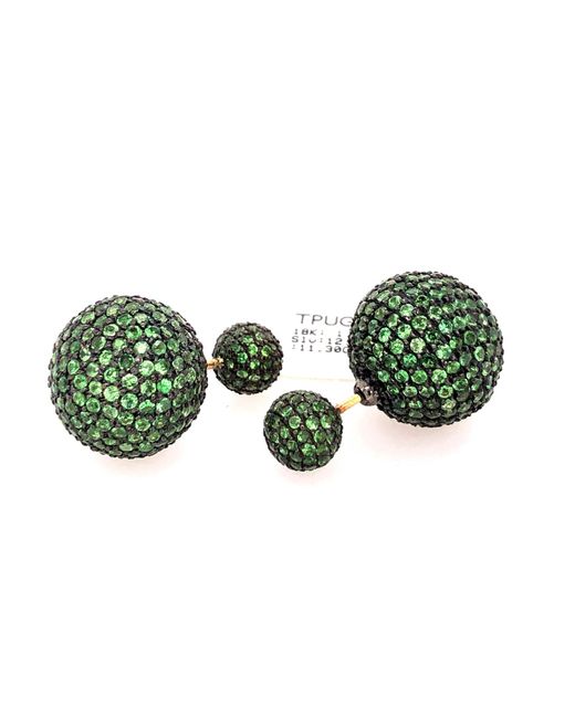 Artisan Green Tsavorite Gemstone Pave In 18k Gold & Silver Double Side Earrings